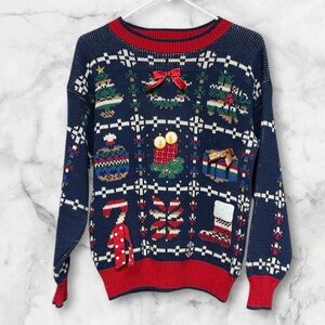 Vintage knit Sweater Loft New York Christmas Festive Navy and Red Holiday S